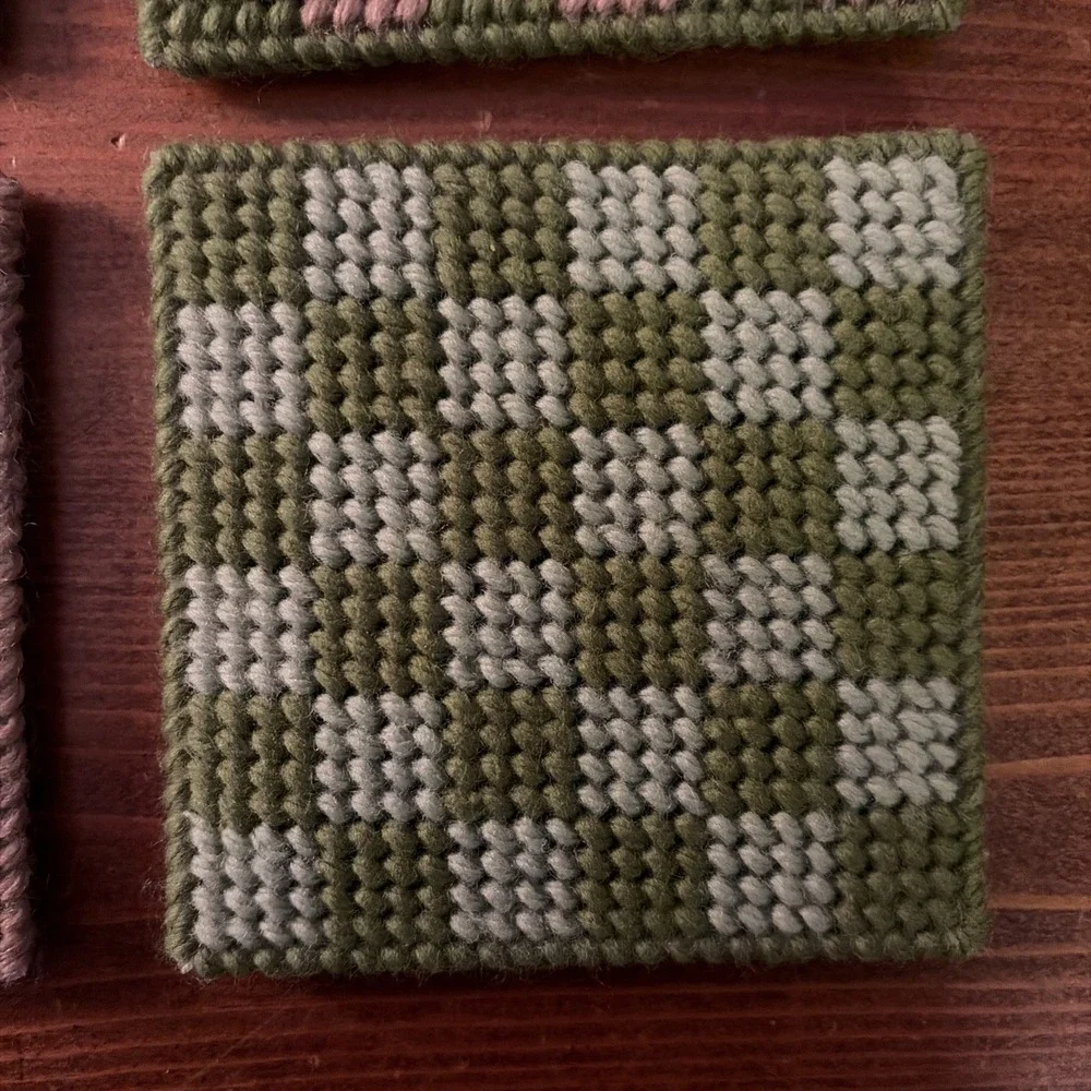 4 Handmade Square Coasters Green, Blue And‎ Pink